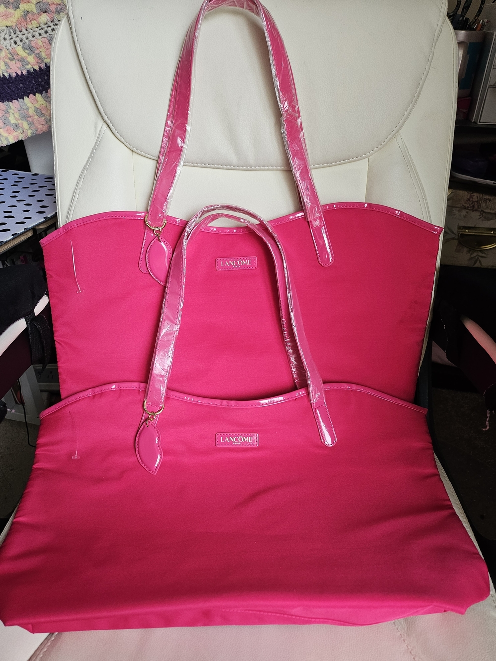 Lancome Hot Pink LipsTote Bag with Patent Trim